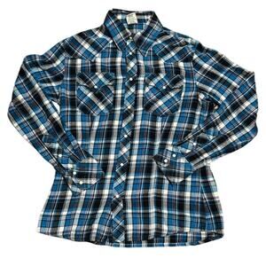 True Religion Western Plaid Flannel Shirt Blue Black White Pearl Snap XL